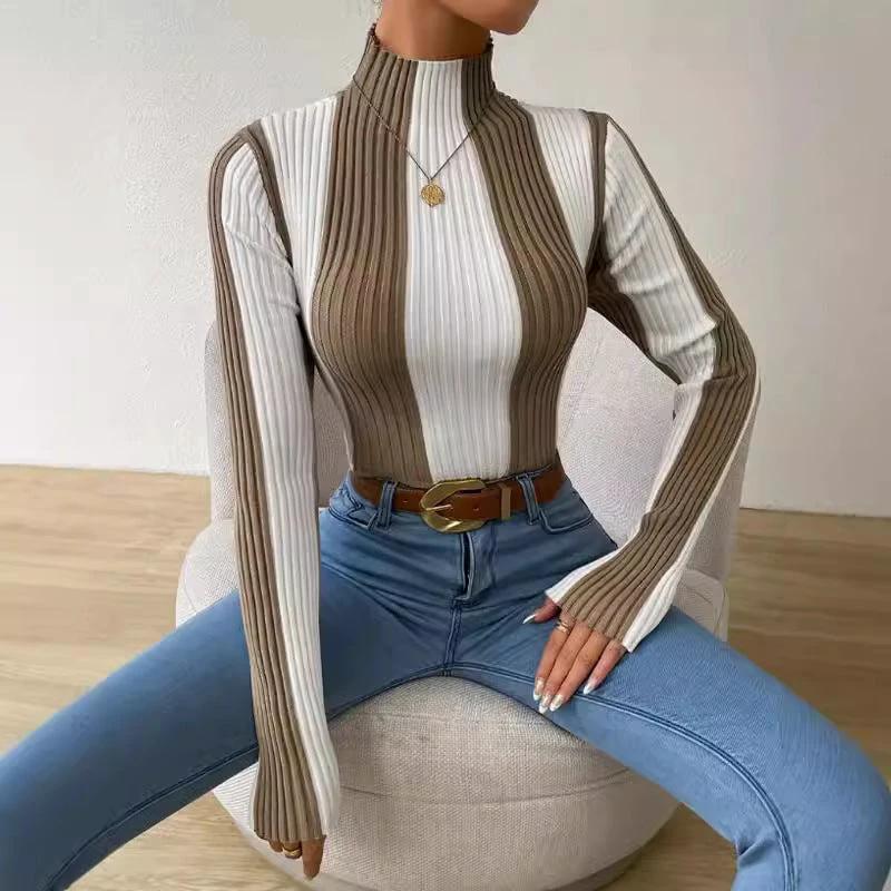 Women's Spring And Autumn Classic Black And White Contrast Color Vertical Pattern Sweater by GJG Denim