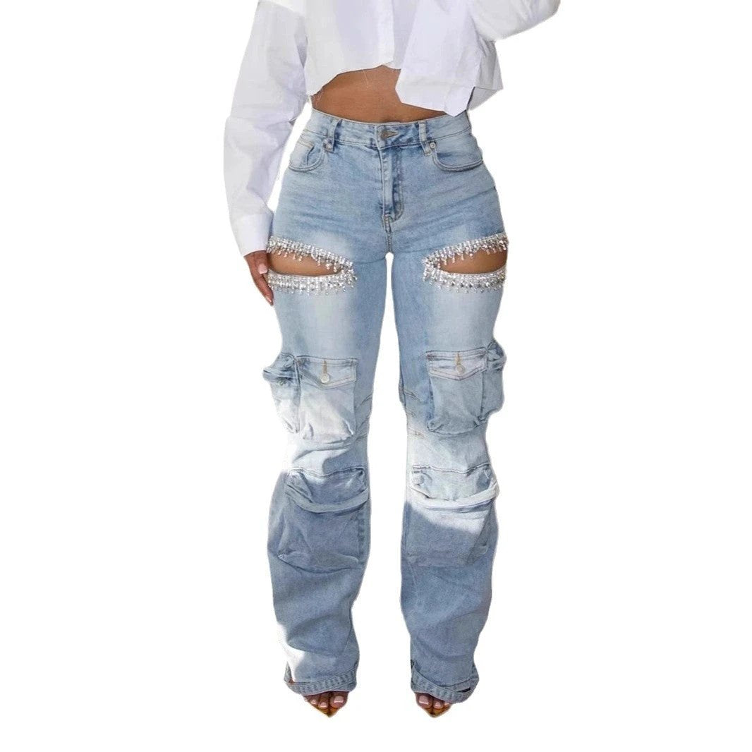 Thigh Hollow-out Rhinestone Decorations Cargo Multi-pocket Stretch Jeans by GJG Denim