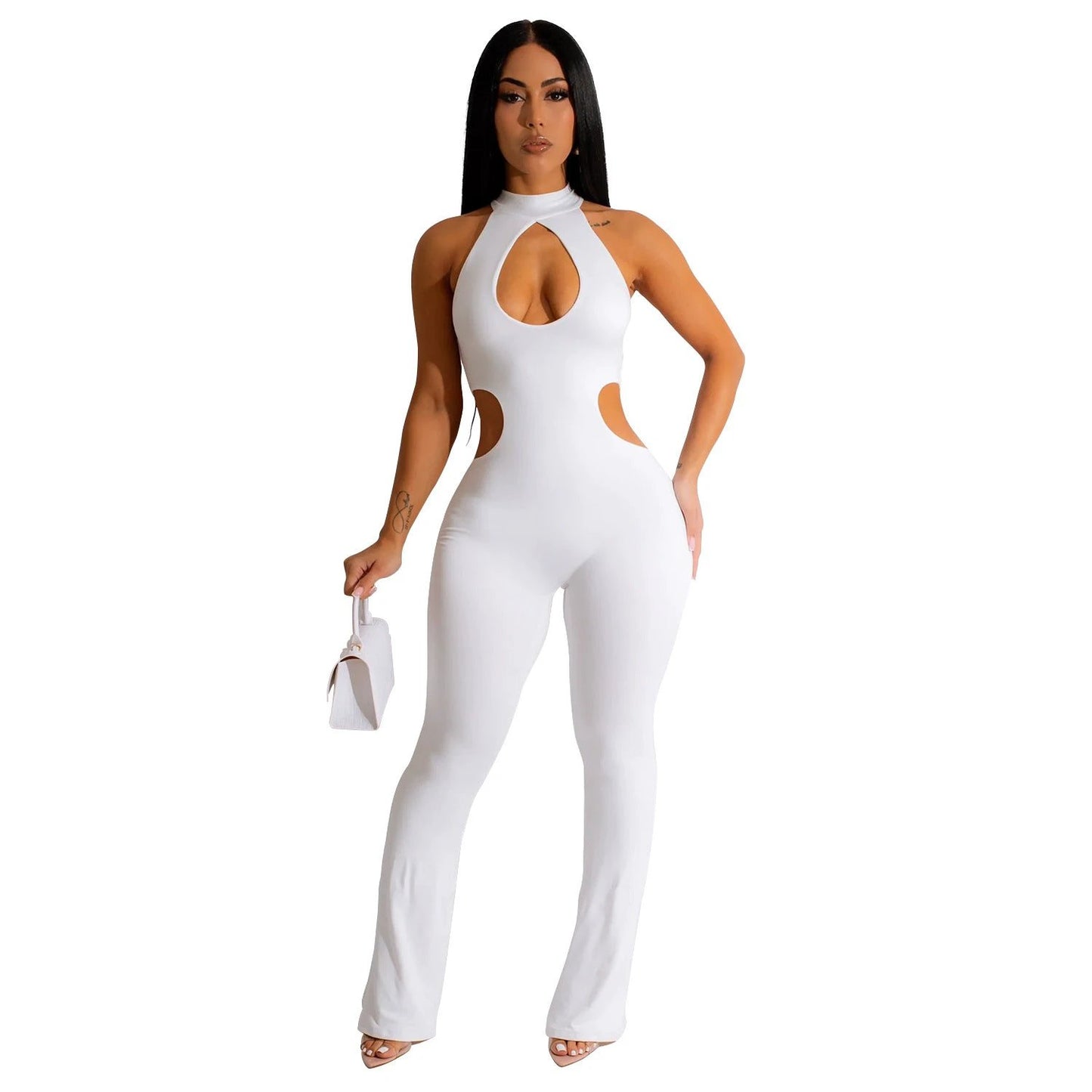 Women's Solid Color Sexy Halter Hollow-out Jumpsuit by GJG Denim
