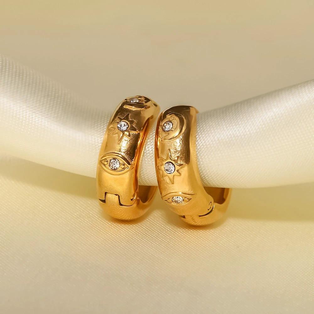 18K Gold-plated Stainless Steel XINGX Devil's Eye Cubic Oxidation Inlaid White Diamond Hoop Earrings by GJG Denim