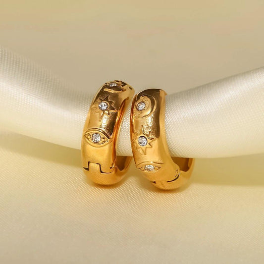 18K Gold-plated Stainless Steel XINGX Devil's Eye Cubic Oxidation Inlaid White Diamond Hoop Earrings by GJG Denim