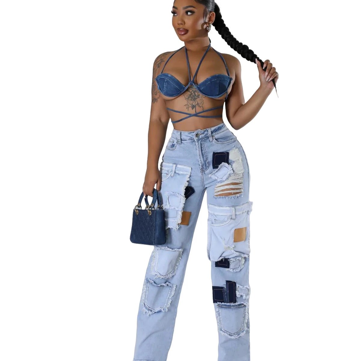 Casual Printed Patch Hole Denim Straight-leg Pants by GJG Denim