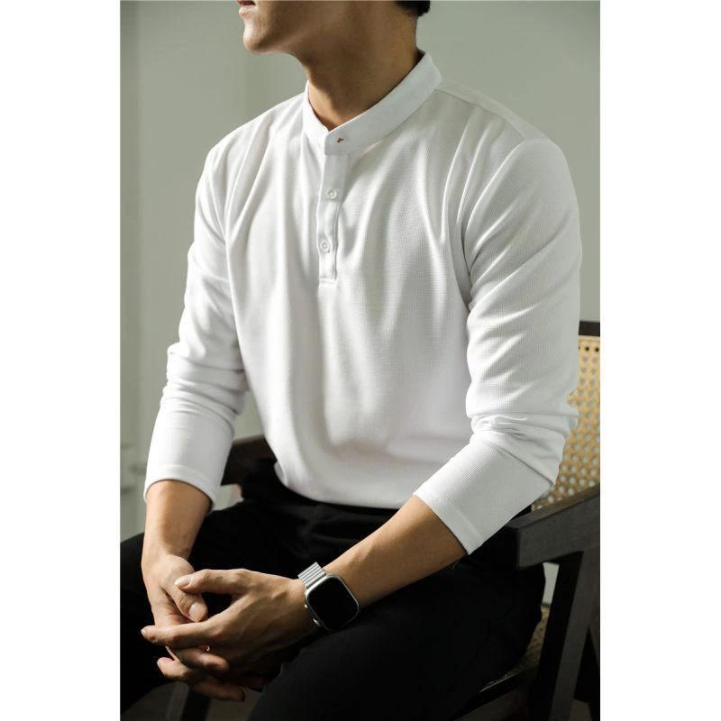 Men's Long Sleeve Polo Simple Solid Color Shirt by GJG Denim