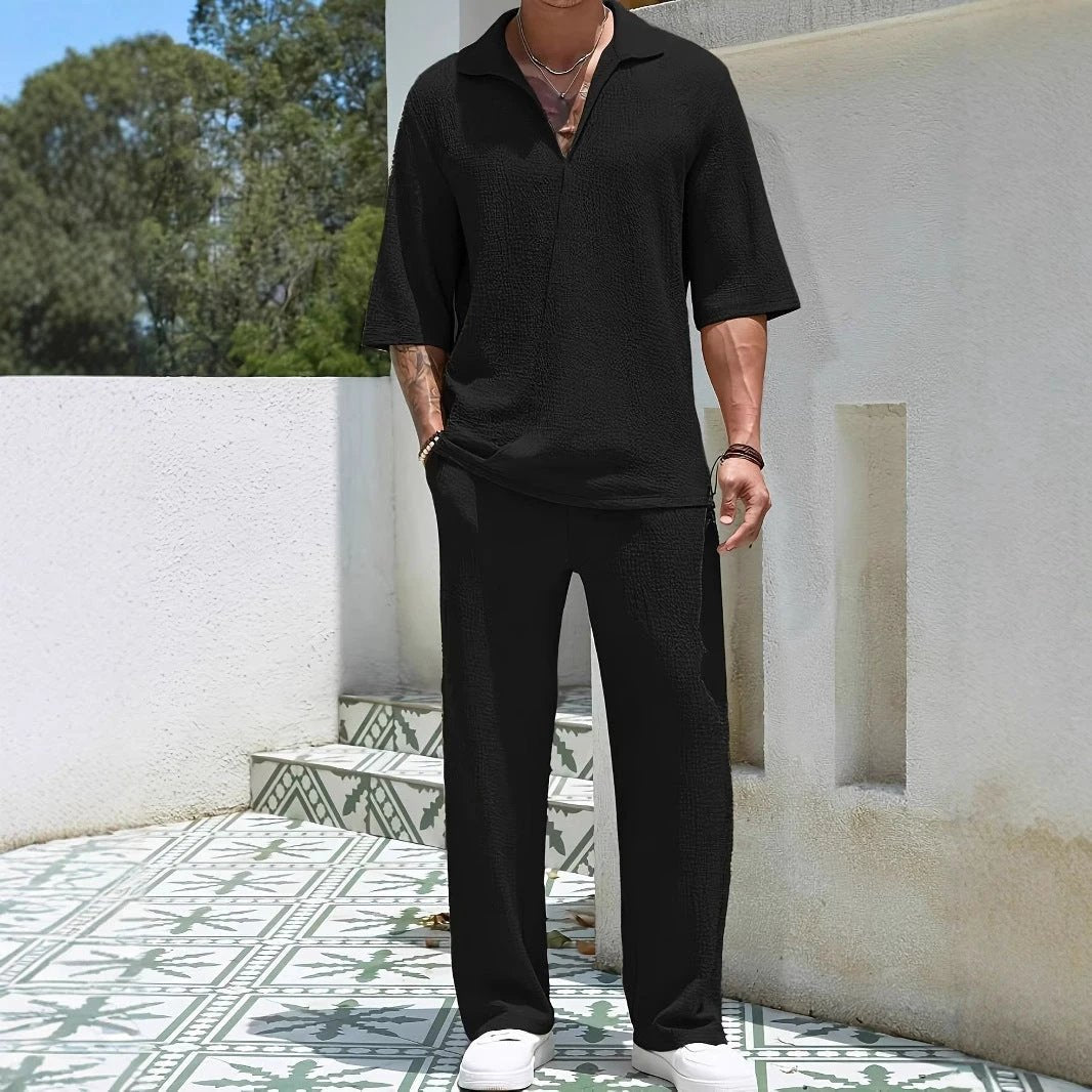 Commuter Men's Casual Shirt Solid Color Half Sleeve Trousers Two-piece Suit by GJG Denim