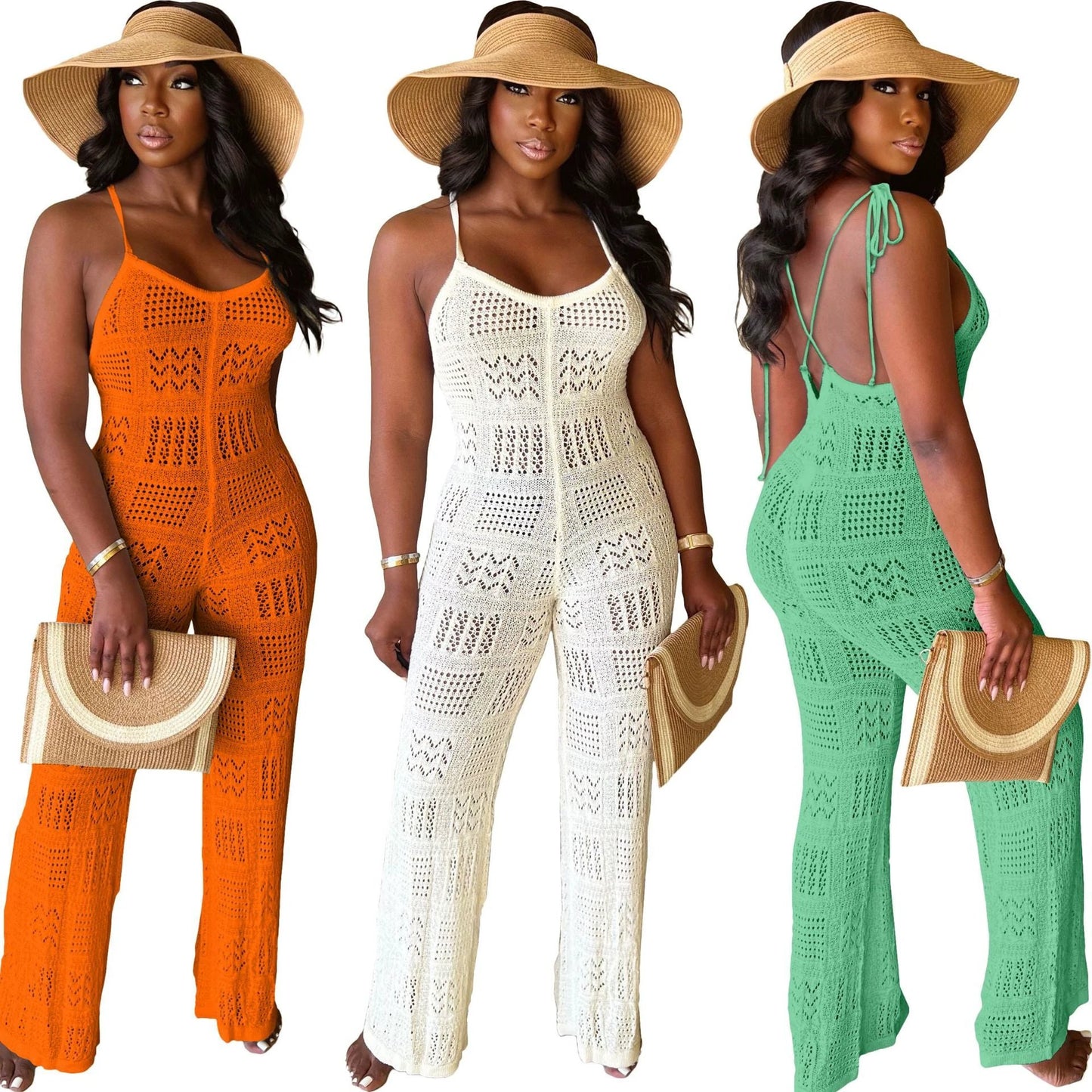 Woolen Knitted Sexy Sling Geometric Hollow-out Jumpsuit by GJG Denim