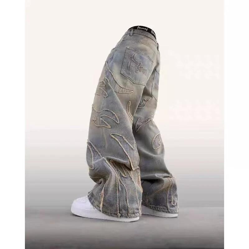 Retro Bat Pattern Lazy Embroidered Loose Jeans by GJG Denim