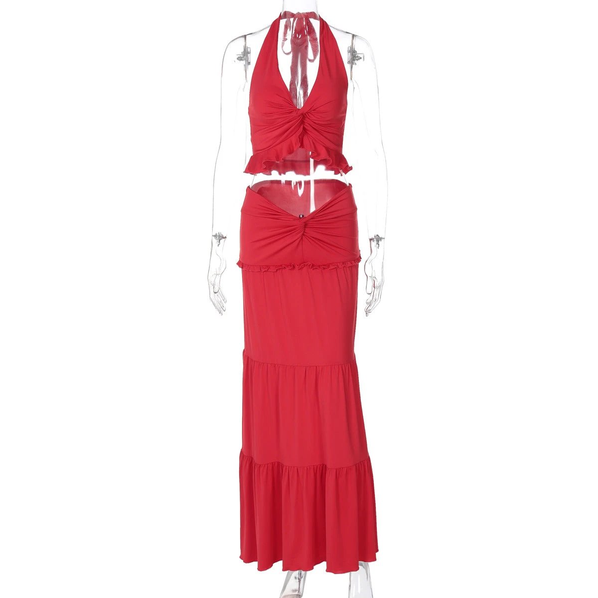 Women's V-neck Ruffled Halter Spaghetti Straps Detail Twisted Dress Suit by GJG Denim