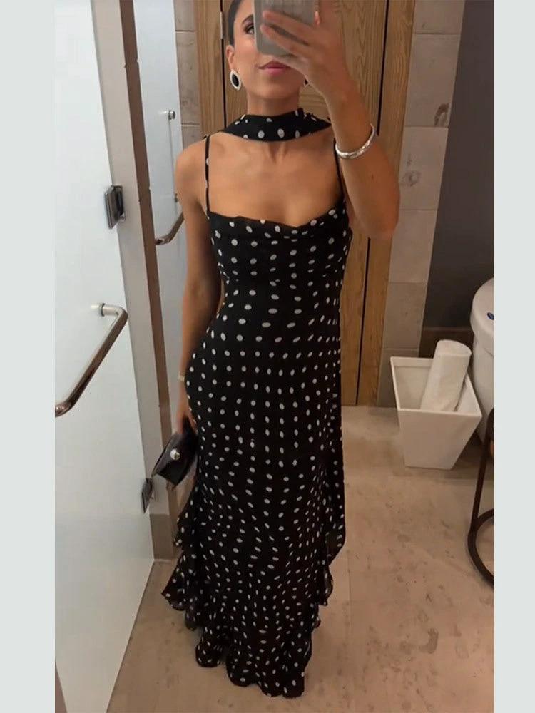 Sleeveless Polka Dot Scarf Ruffled Spaghetti Straps Dress set by GJG Denim
