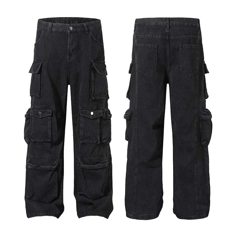 High Street Multi-pocket Heavy Industry Washed Old Cargo Jeans by GJG Denim