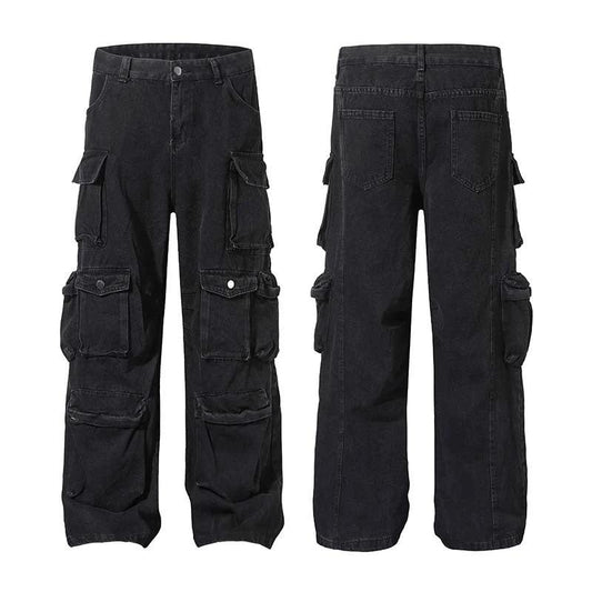 High Street Multi-pocket Heavy Industry Washed Old Cargo Jeans by GJG Denim