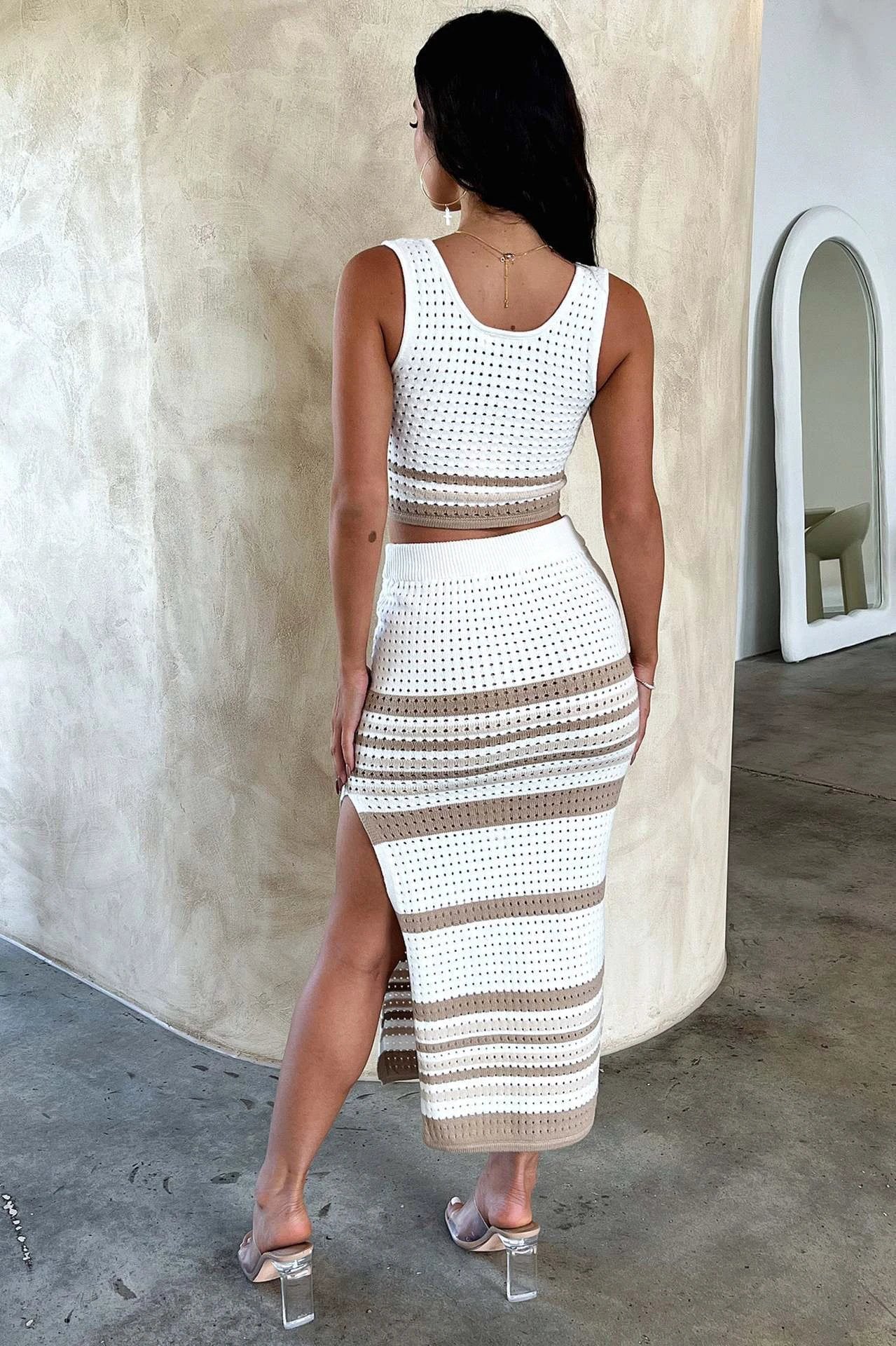 Summer New Sleeveless Vest Sexy Slit Striped Skirt Knitting Suit by GJG Denim