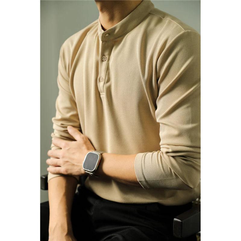 Men's Long Sleeve Polo Simple Solid Color Shirt by GJG Denim