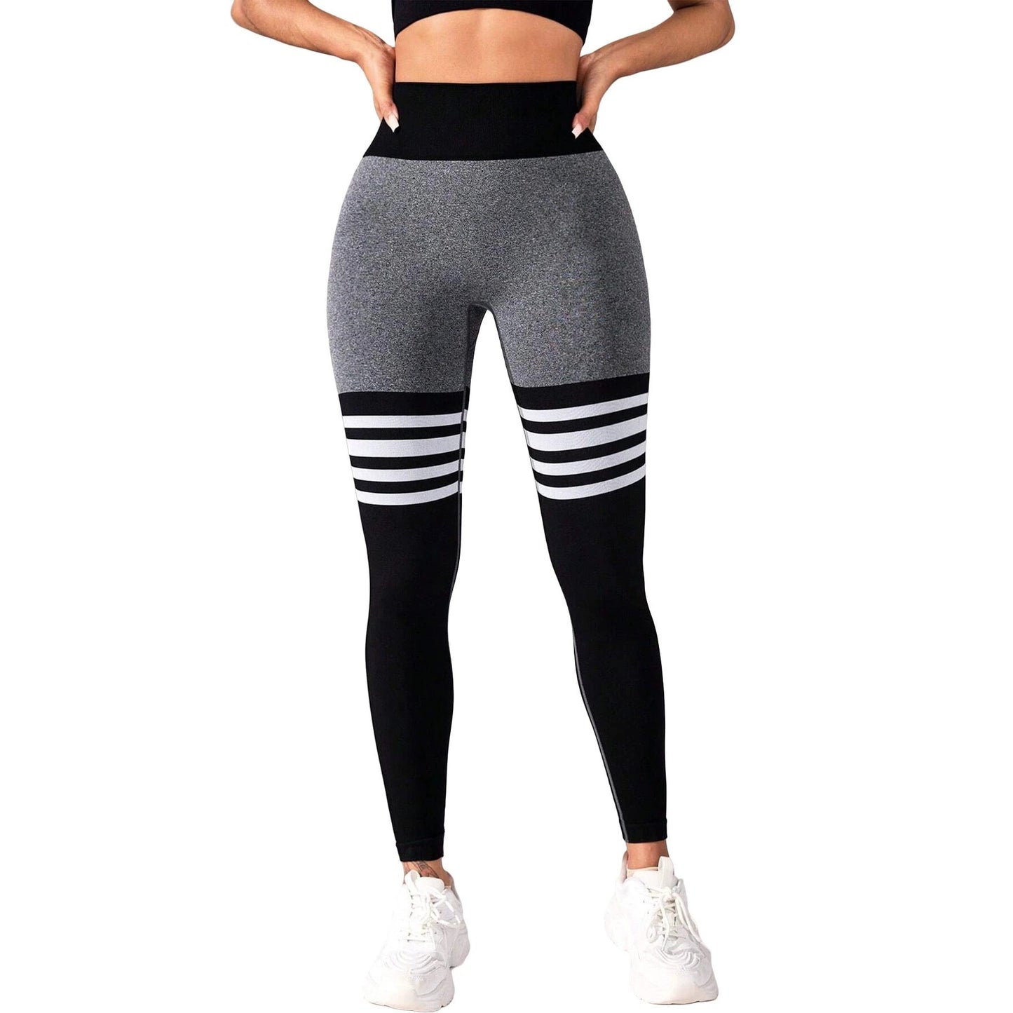 Striped Outdoor Sports Tights High Waist Hip Lift Running Exercise Workout Pants by GJG Denim