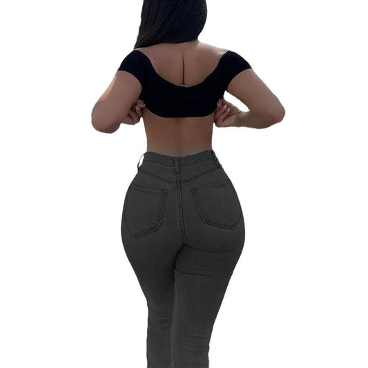 Bell-bottom Women's European And American Hip Raise Slimming Mop Pants by GJG Denim
