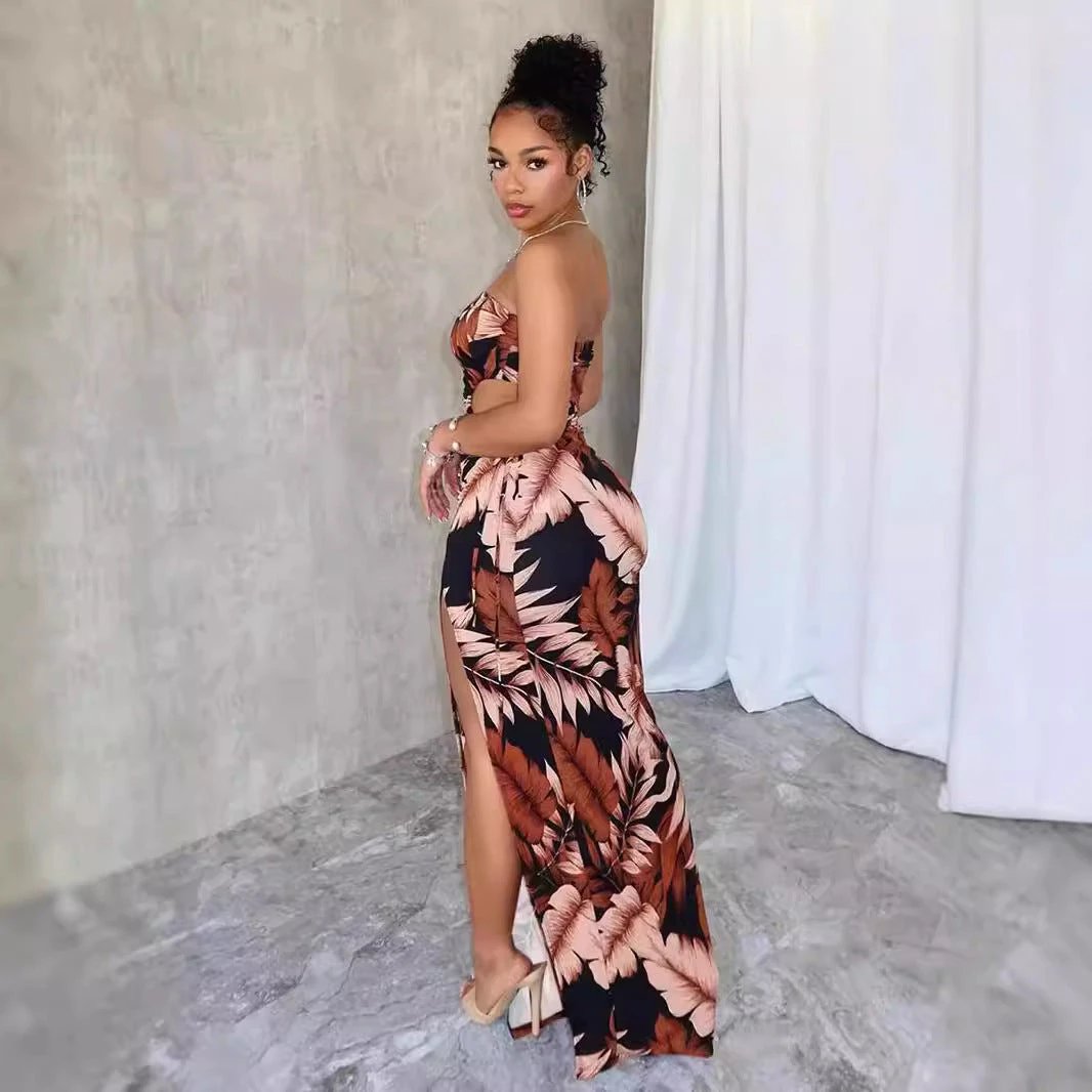 Strapless Flower Print High Slit Long Dress by GJG Denim