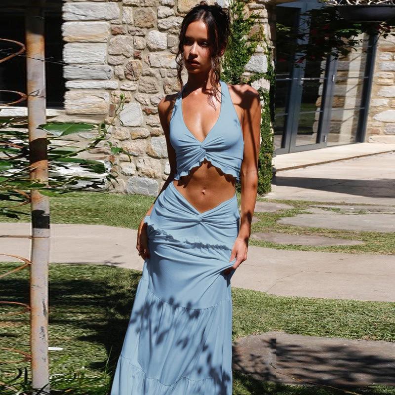 Women's V-neck Ruffled Halter Spaghetti Straps Detail Twisted Dress Suit by GJG Denim