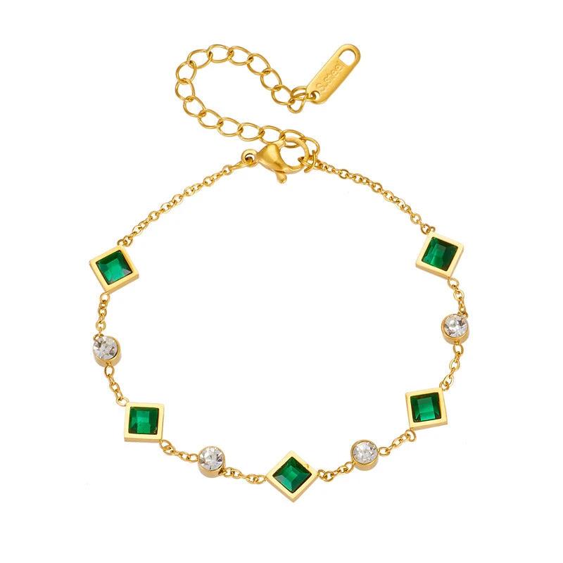 Fashion Gold-plated Titanium Steel Square Emerald Inlaid Rhinestone Bracelet by GJG Denim