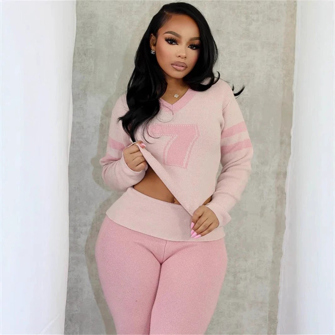Contrast Color Fashion All-match V-neck Solid Color Knit Casual Long Sleeve Top And Trousers Suit by GJG Denim