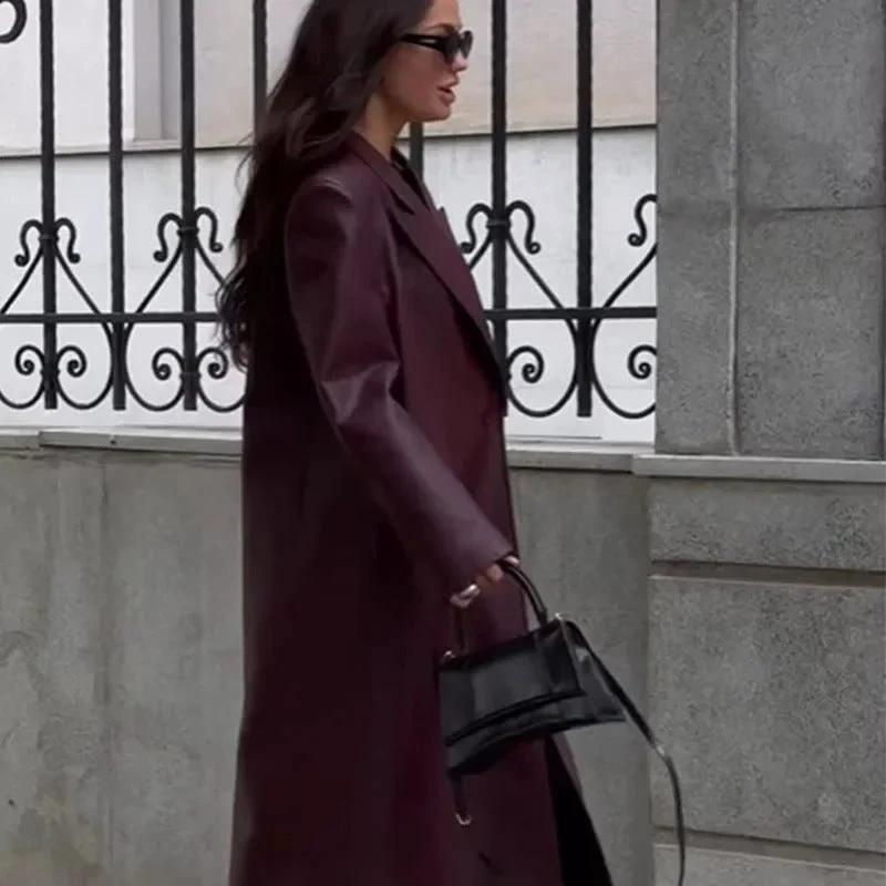 Elegant Retro Wine Red Jacket Trench Coat Women by GJG Denim