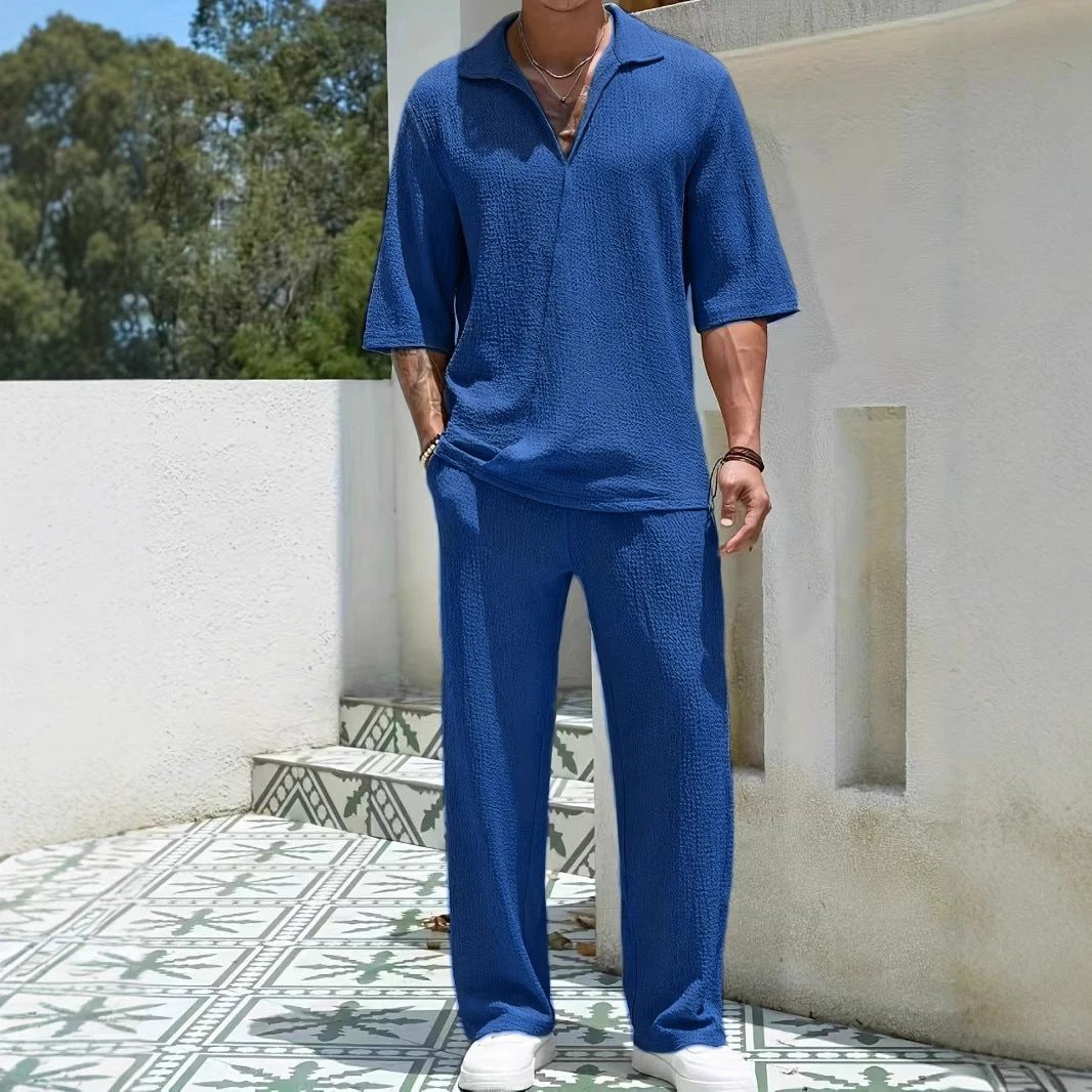 Commuter Men's Casual Shirt Solid Color Half Sleeve Trousers Two-piece Suit by GJG Denim