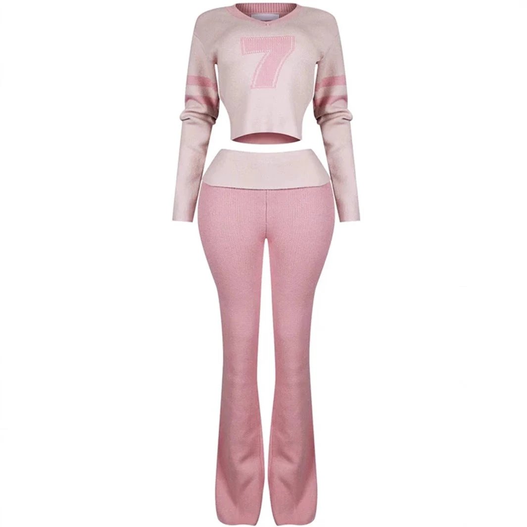Contrast Color Fashion All-match V-neck Solid Color Knit Casual Long Sleeve Top And Trousers Suit by GJG Denim