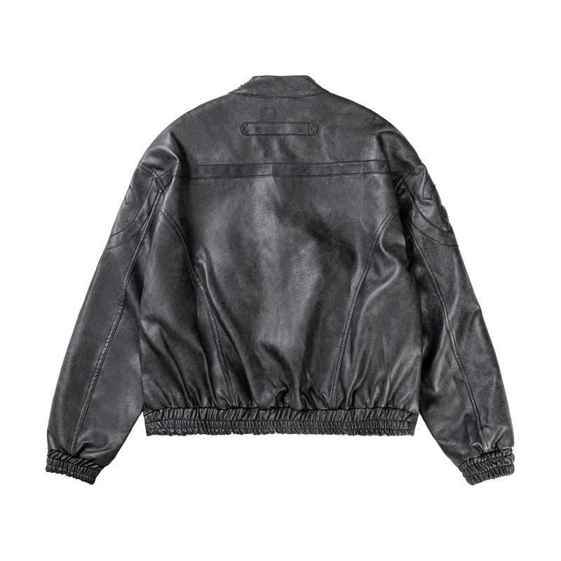 Marbling PU Leather Jacket Stand Collar Motorcycle Jacket by GJG Denim