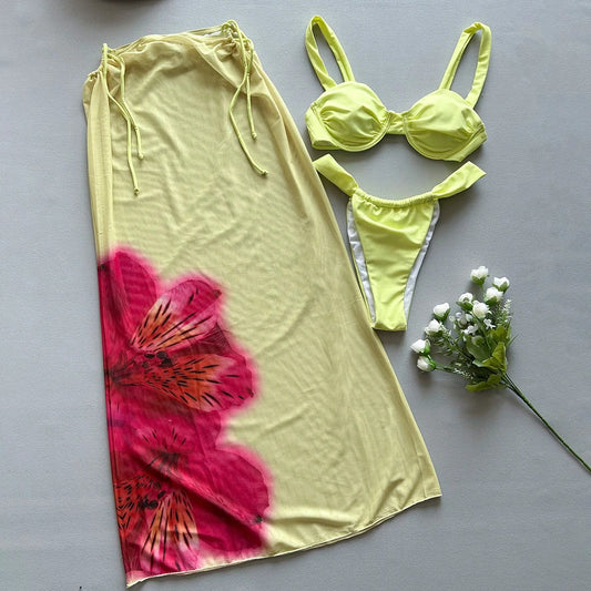 Three-piece Bikini Printed Split Women's Swimsuit Suit by GJG Denim