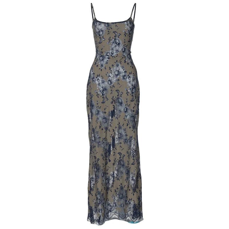 Fashion Dyed Printing Stitching Hollow Back Strap Elegant Style Long Dress Women by GJG Denim