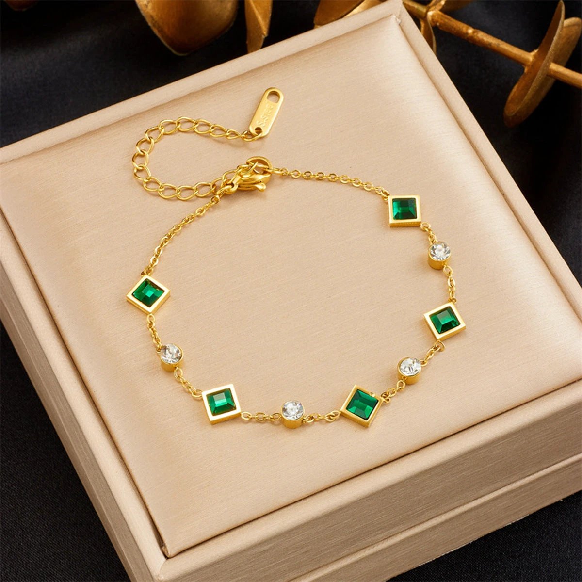 Fashion Gold-plated Titanium Steel Square Emerald Inlaid Rhinestone Bracelet by GJG Denim