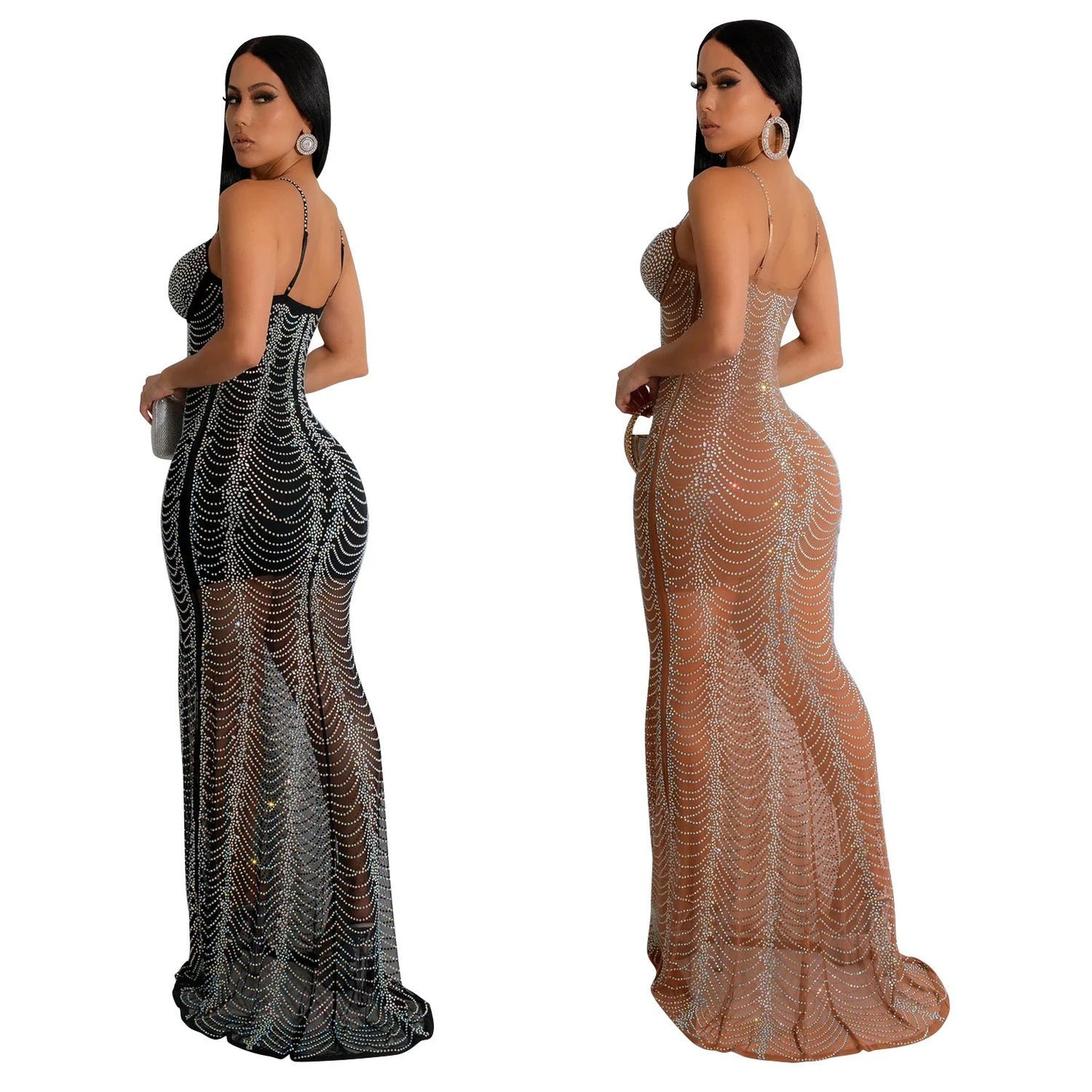 European And American Fashion Women's Pure Color Mesh Rhinestone Strap Dress by GJG Denim