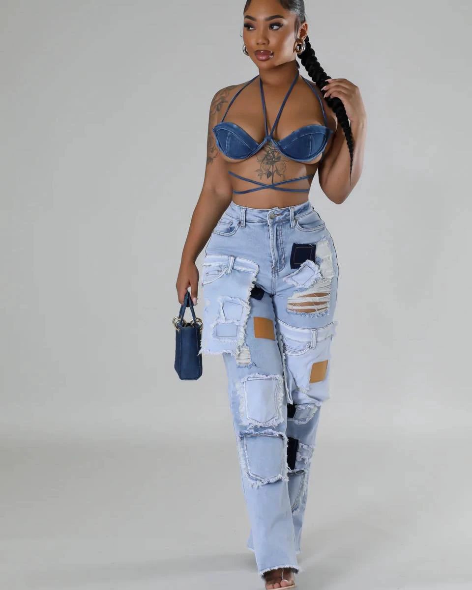Casual Printed Patch Hole Denim Straight-leg Pants by GJG Denim