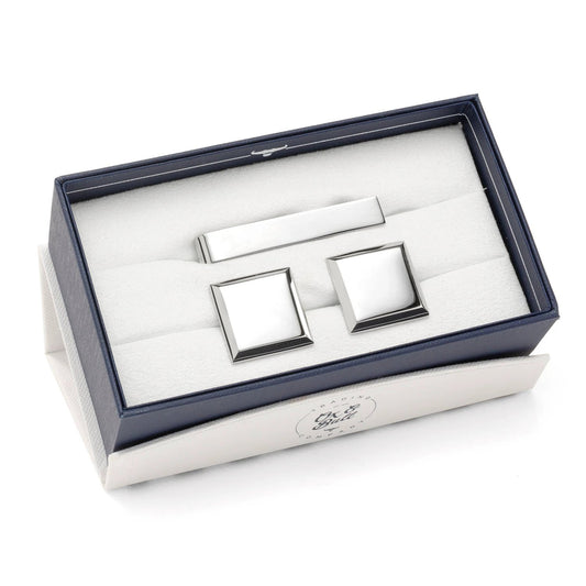Stainless Steel Beveled Square Engravable Cufflinks and Tie Bar Gift Set by Cufflinks.com