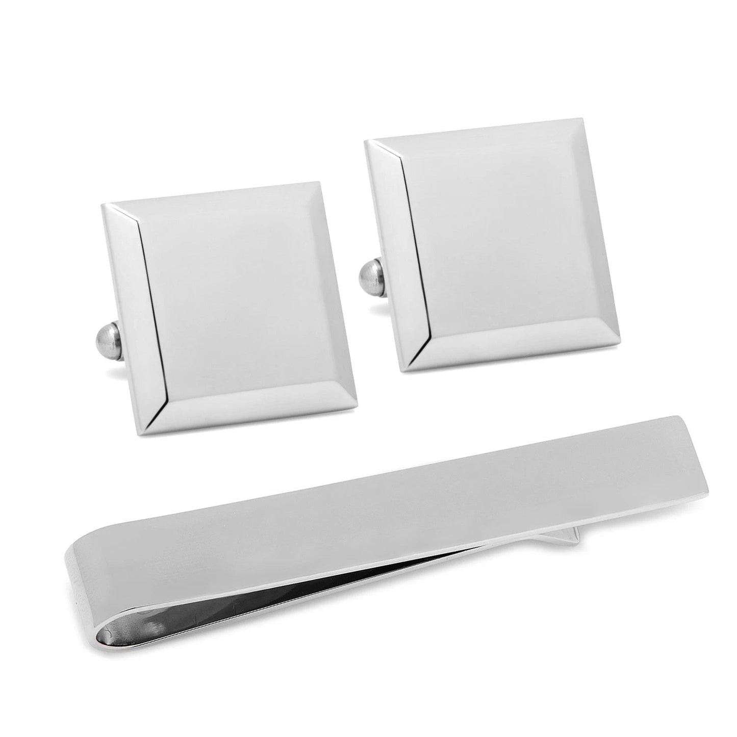 Stainless Steel Beveled Square Engravable Cufflinks and Tie Bar Gift Set by Cufflinks.com