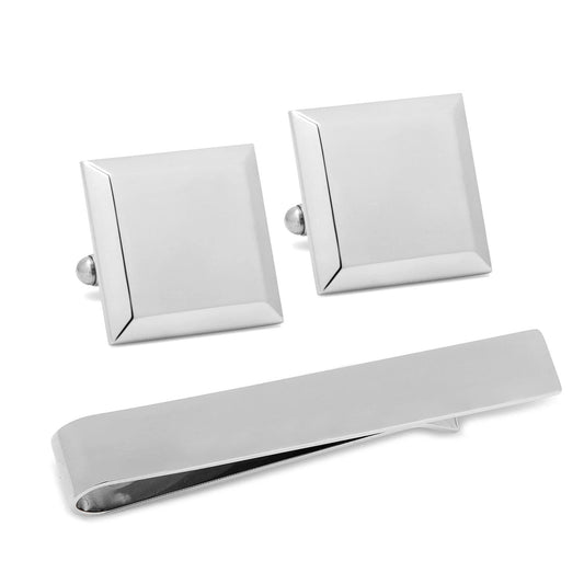 Stainless Steel Beveled Square Engravable Cufflinks and Tie Bar Gift Set by Cufflinks.com