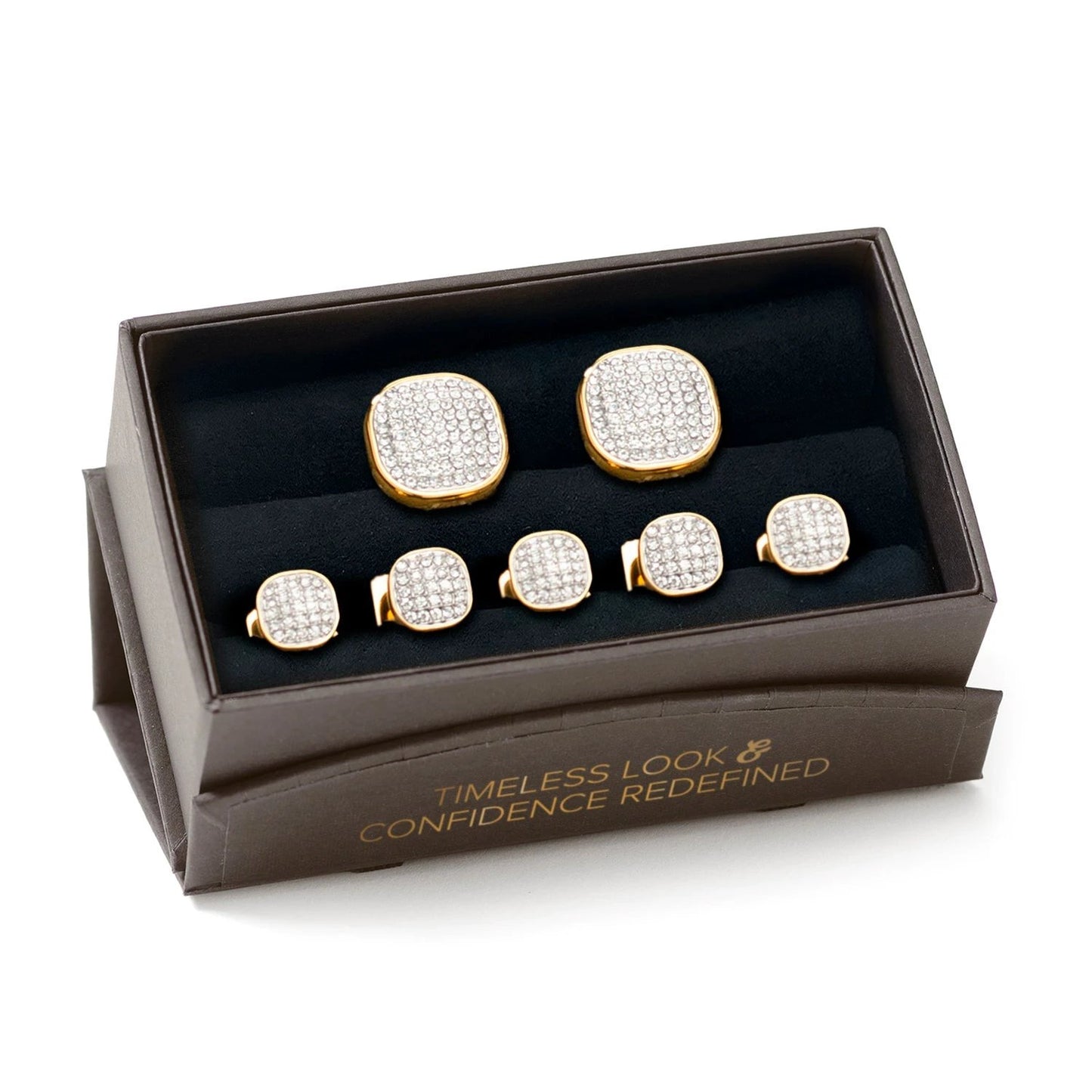 Gold Stainless Steel White Pave Crystal 5-Stud Set by Cufflinks.com