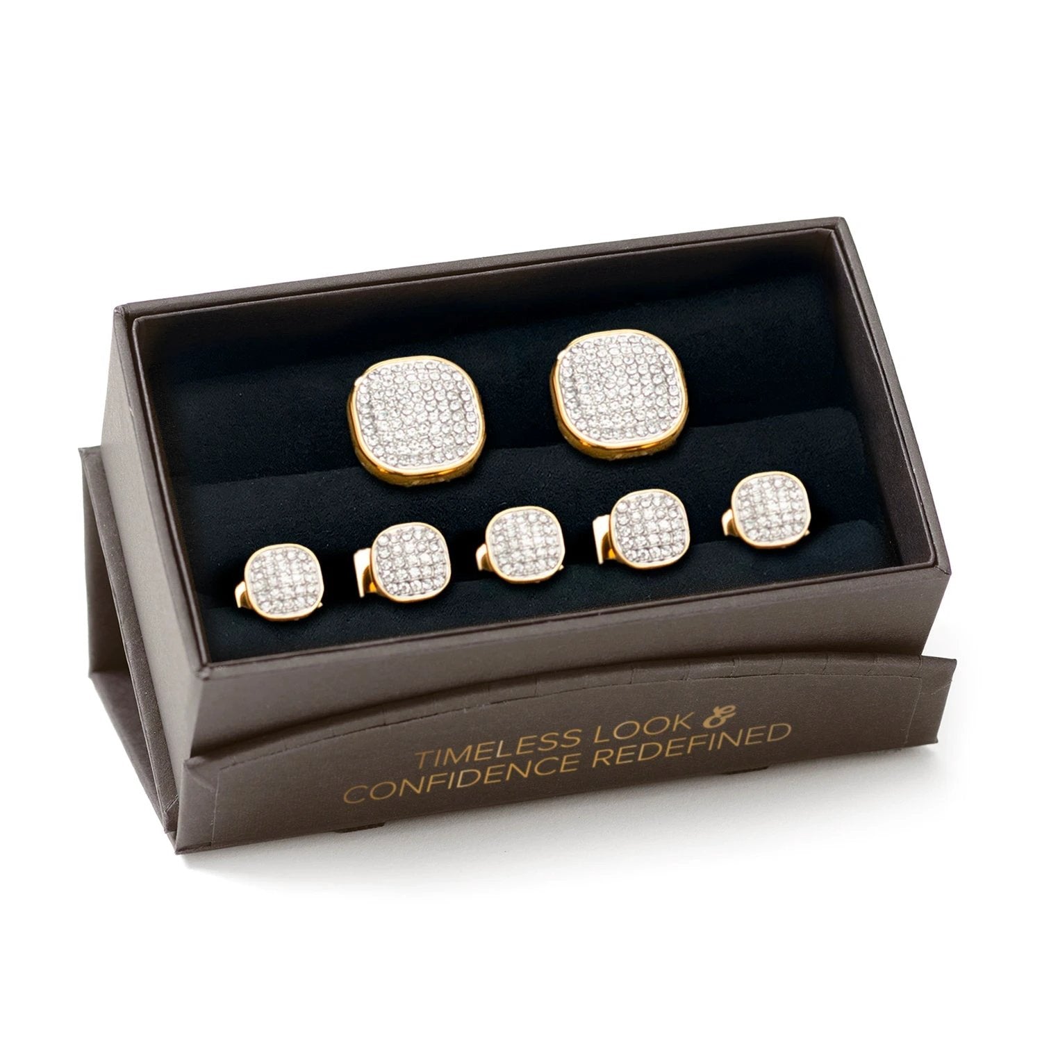 Gold Stainless Steel White Pave Crystal 5-Stud Set by Cufflinks.com