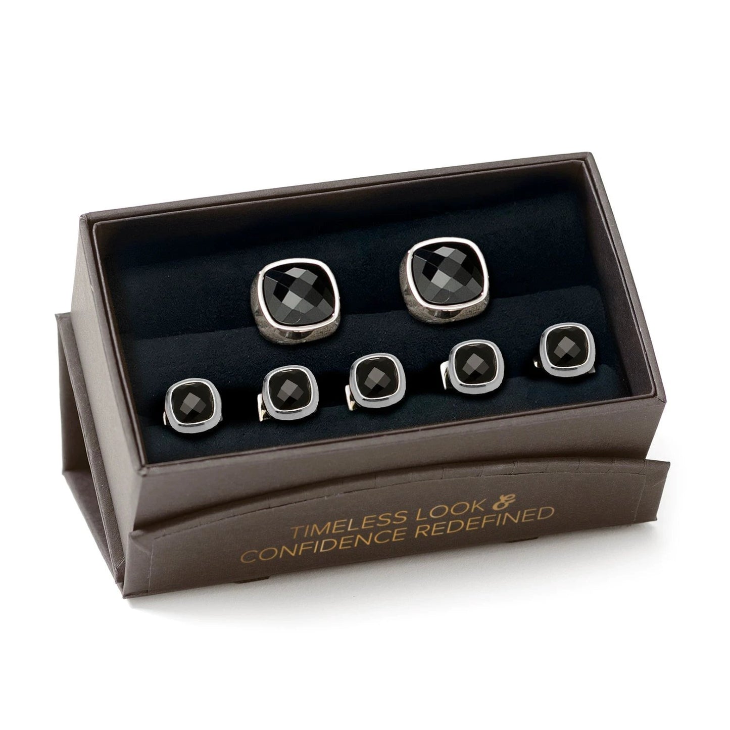 Faceted Onyx Cushion Stainless Steel 5-Stud Set by Cufflinks.com