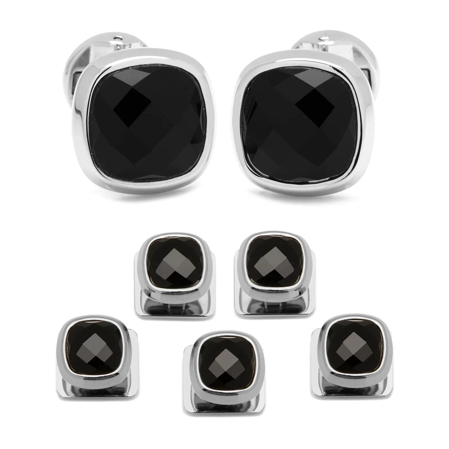 Faceted Onyx Cushion Stainless Steel 5-Stud Set by Cufflinks.com
