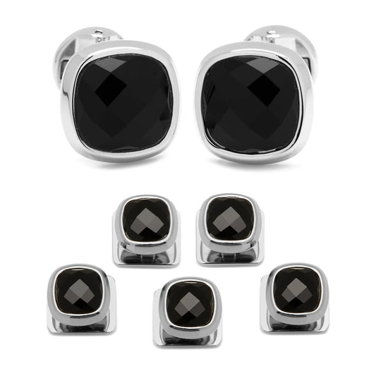 Faceted Onyx Cushion Stainless Steel 5-Stud Set by Cufflinks.com