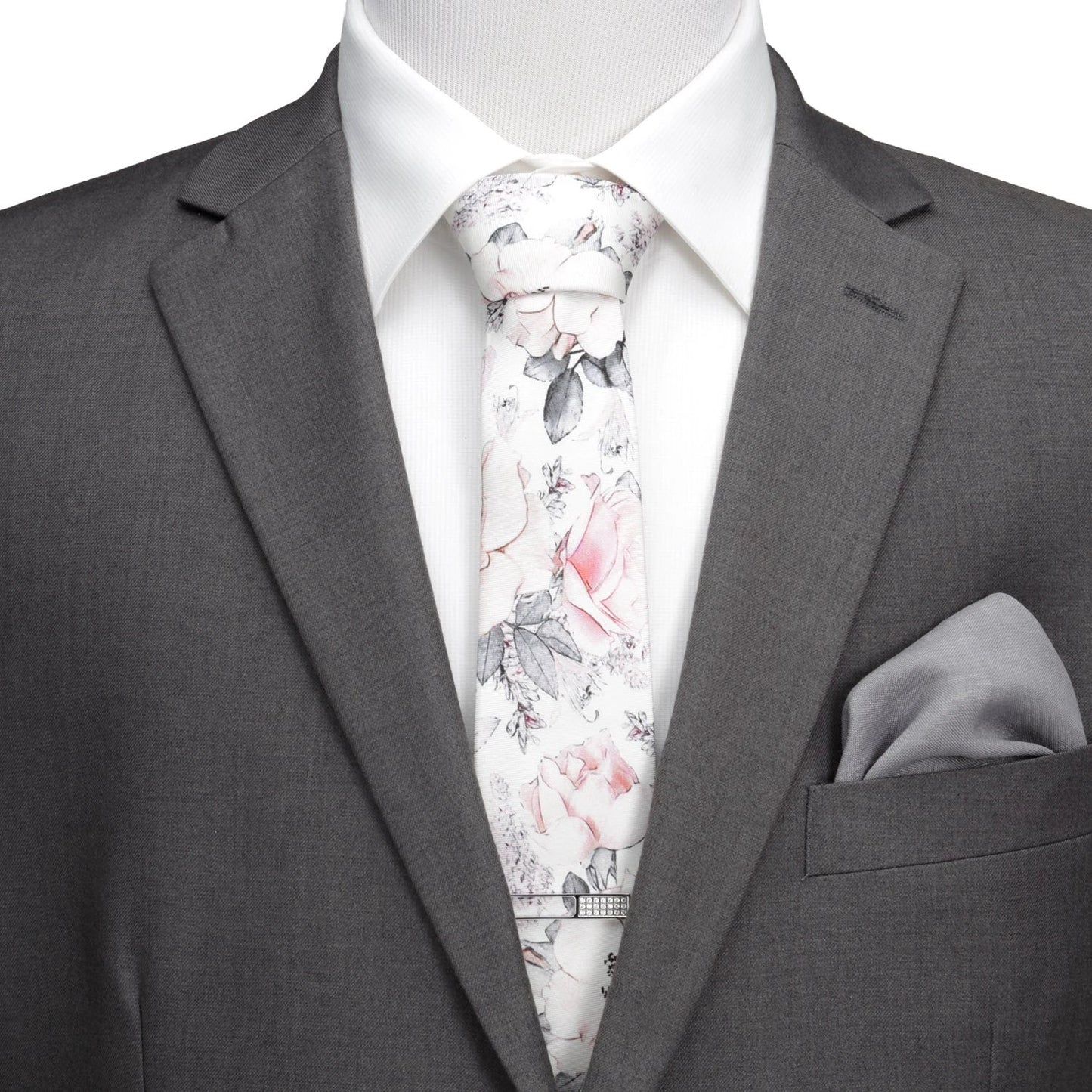 Painted Floral Gray Necktie and Pocket Square Gift Set by Cufflinks.com