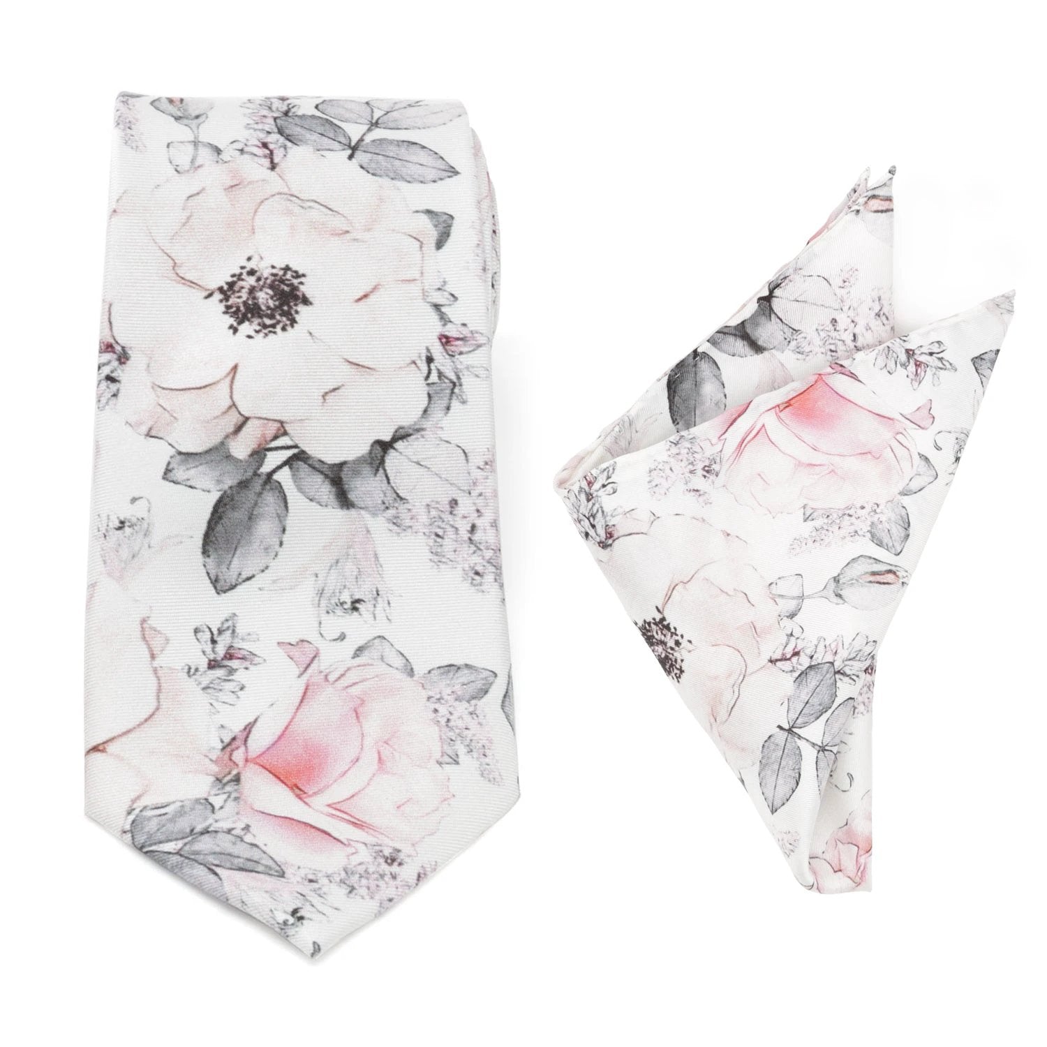 Painted Floral Gray Necktie and Pocket Square Gift Set by Cufflinks.com
