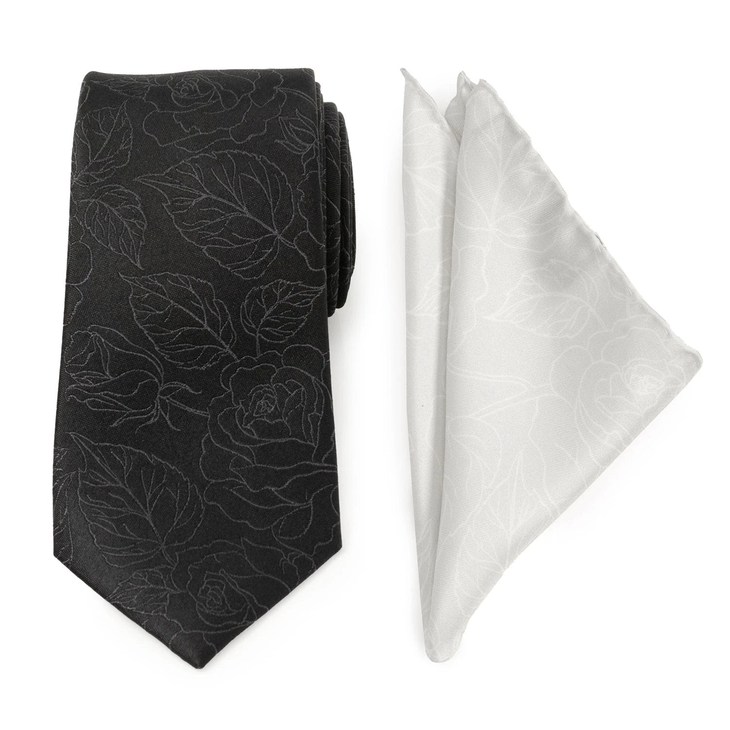 Black Floral Tie and Pocket Square Gift Set by Cufflinks.com