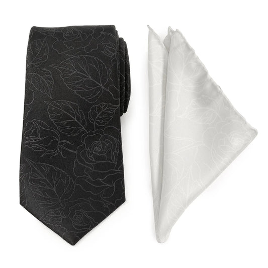Black Floral Tie and Pocket Square Gift Set by Cufflinks.com