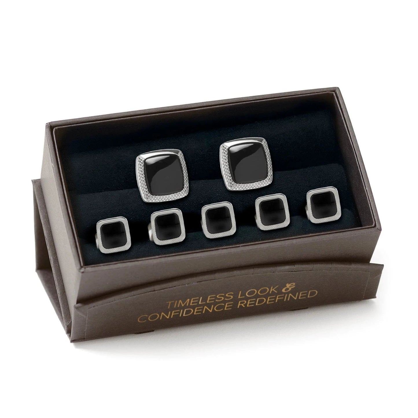 Onyx Cushion Stainless Steel 5-Stud Set by Cufflinks.com