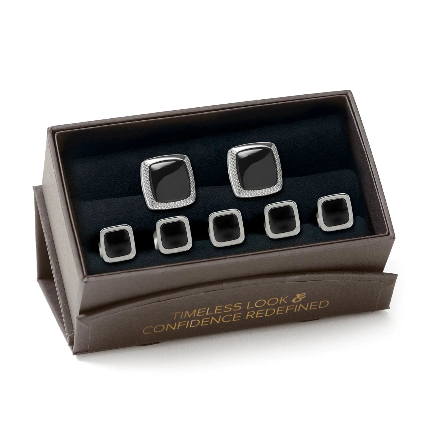 Onyx Cushion Stainless Steel 5-Stud Set by Cufflinks.com
