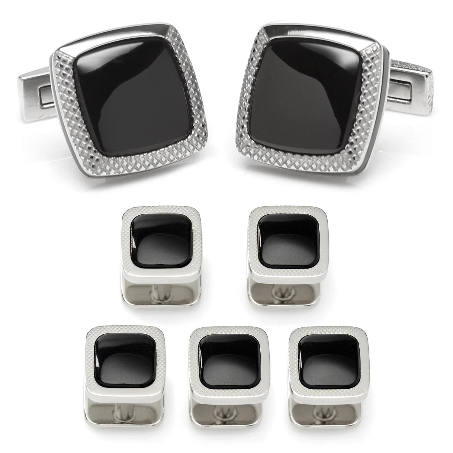 Onyx Cushion Stainless Steel 5-Stud Set by Cufflinks.com