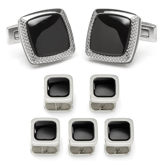 Onyx Cushion Stainless Steel 5-Stud Set by Cufflinks.com