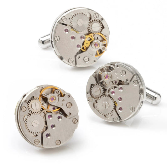 Open Edge Skeleton Watch Movement Cufflinks and Lapel Pin Gift Set by Cufflinks.com