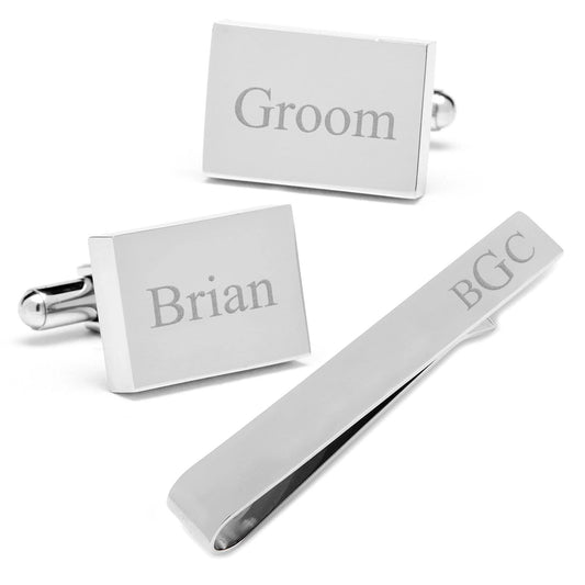 Engravable Rectangle Cufflinks and Tie Bar Gift Set by Cufflinks.com