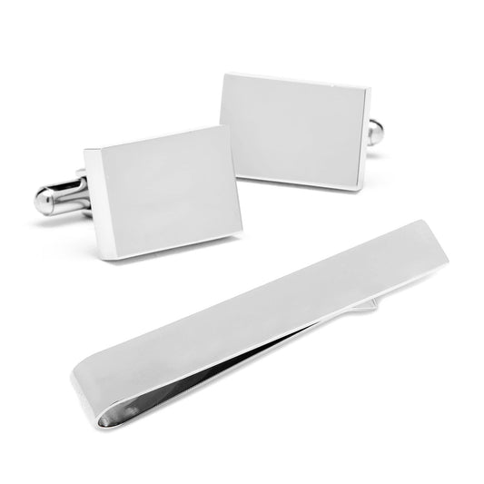 Engravable Rectangle Cufflinks and Tie Bar Gift Set by Cufflinks.com